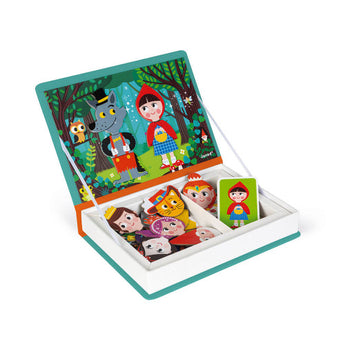 Janod Juratoys Magnetic Book, Fairy Tales, boosts fine motor skills with a wooden forest scene and magnetic pieces in a box.