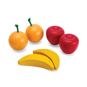 Produce Set A: two bananas, two apples, and two oranges made of wood.