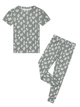 Emerson and Friends PJs with Pants, Stay Sharp is a gray bamboo pajama set with a cactus pattern and includes a short-sleeve top.