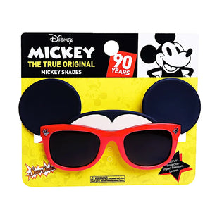 Sunstaches Lil Characters Sunglasses feature Mickey Mouse ears on a yellow Disney-themed card celebrating 90 years of The True Original.