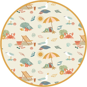 Emerson and Friends One Piece Swimsuit features a Beach Day print with seagulls, crabs, seashells & more on UV protective fabric.