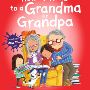 Kids enjoying storytime with grandparents on a red background, while a cat naps. Title: How to Read to a Grandma or Grandpa.
