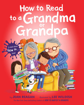 Kids enjoying storytime with grandparents on a red background, while a cat naps. Title: How to Read to a Grandma or Grandpa.
