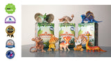 Fungisaurs Mystery Box figurines in front of collectible boxes with award badges highlighting product achievements.