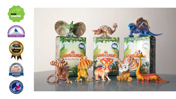 Fungisaurs Mystery Box figurines in front of collectible boxes with award badges highlighting product achievements.