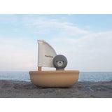 PlanToys Sailing Boat, Seal with PlanWood sail rests on rocks against a calm ocean and cloudy sky.