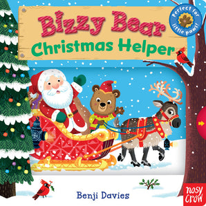 Santa and Bizzy Bear glide in a sleigh with reindeer through snow. Chunky sliders animate this Random House book.