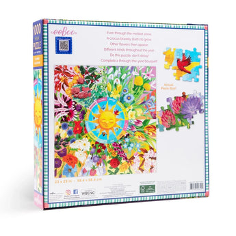 Back of Eeboos 1000 Piece Puzzle, Flower Calendar box with floral, sun, and bird design. Made from sustainably sourced materials.