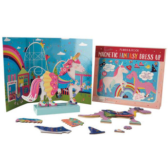 Floss and Rocks Wooden Magnetic Dress Up Toys, Fantasy Pets, includes unicorn figure, magnetic pieces, outfits & illustrated box background.