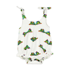 Lovedbaby Organic Ruffle Bodysuit Butterfly: white romper with colorful butterfly pattern, knotted straps, made from organic cotton.