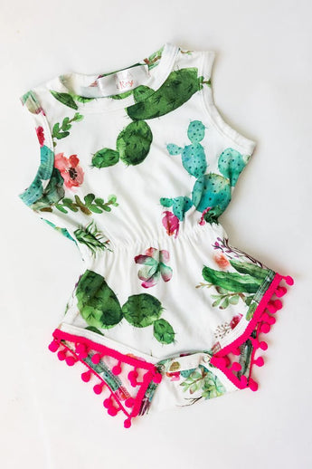 Mila and Roses Pom Pom Romper, Cute Cactus: Adorable cactus flower print with pink pom-pom trim for toddlers.