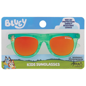Arkaid Bingo Green Wayfarer sunglasses have impact-resistant orange lenses, UV protection, and come in fun Sunstaches Bluey packaging.