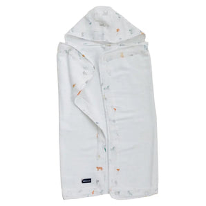 Bebe Au Laits ultra-plush Baby Hooded Towel, Animal Alphabet, features a built-in terry cloth hood and animal prints.