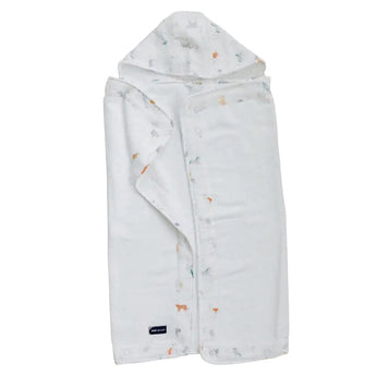 Bebe Au Laits ultra-plush Baby Hooded Towel, Animal Alphabet, features a built-in terry cloth hood and animal prints.