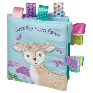 The Flora Fawn soft book by Mary Meyer features Taggies textured tags, ribbons, a fawn, butterflies, and mushrooms for tactile fun.