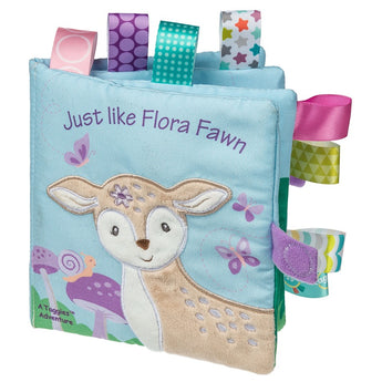The Flora Fawn soft book by Mary Meyer features Taggies textured tags, ribbons, a fawn, butterflies, and mushrooms for tactile fun.