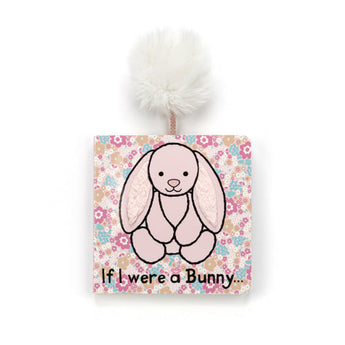Childrens book cover with Jellycat If I Were A Bunny Book (Blush) featuring a plush bunny on a pastel floral backdrop with a pom-pom.