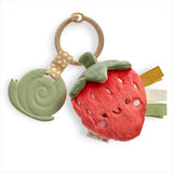 Itzy Pal Strawberry: green silicone snail and red & green plush strawberry attached to tan silicone ring.