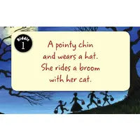 The Sleeping Bear Press Little Halloween Board Book features fun rhymes: A pointy chin and wears a hat. She rides a broom with her cat.