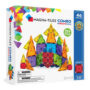Magna-Tiles Combo Set: white & blue box with photo of colorful magnetic tile toys; Text "Magna-Tiles Combo + Micro Mags, New Ways to Build!"