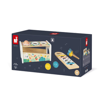Janod Juratoys Wooden Xylophone set includes a xylo, colorful balls, and a mallet, ideal for skill-building from 12 months up.