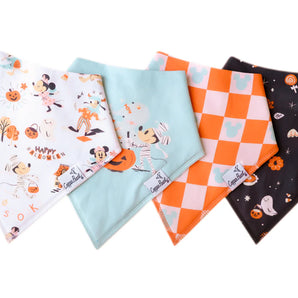 Copper Pearls Mickey Mouses Boo Bash: a 4-pack of festive baby bandana bibs with Halloween cartoon designs and adjustable snaps.