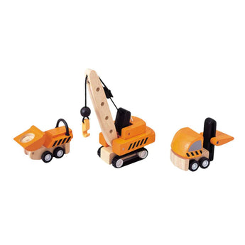 Three eco-friendly PlanToys wooden construction vehicles: dump truck, crane, and bulldozer in orange and black.