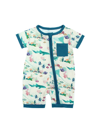 Emerson and Friends Romper, Coral Reef: buttery soft bamboo with teal trim, chest pocket & diagonal zipper on white.