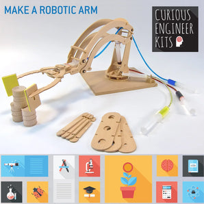 The Make A Robotic Arm Kit by Copernicus Toys features cardboard and hydraulic syringes for hands-on learning.