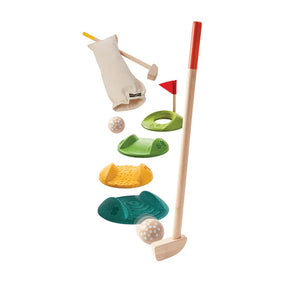 PlanToys Mini Golf Set: 1 wooden kids club, 3 balls, wavy greens, red flag & bag. Eco-friendly fun for budding golfers!.