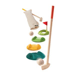 PlanToys Mini Golf Set: 1 wooden kids club, 3 balls, wavy greens, red flag & bag. Eco-friendly fun for budding golfers!.