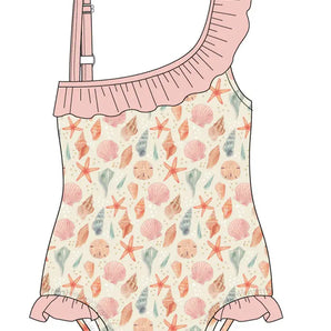 Emerson and Friends One Piece Swimsuit features a Sandy Seashells print, pink ruffle trim, and UV protective fabric.