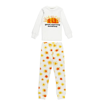 Lovedbaby Organic Long Sleeve PJs, Sunny Day: White PJs with a sun graphic and good morning sunshine; pants boast an orange sun pattern.