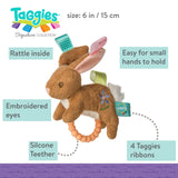 The Mary Meyer Rattle, Harmony Bunny is a plush brown bunny with baby-safe eyes, silicone teether, Taggies ribbons & easy-grip rattle.