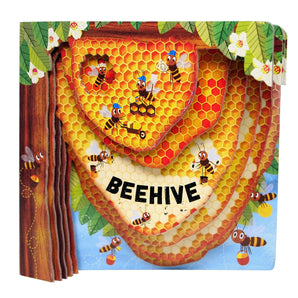 The Beehive Board Book by Treasure Chest Books is a colorful, beehive-shaped children’s book with bees and honeycomb layers.