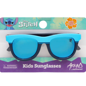 Sunstaches Arkaid Sunglasses: Stitch-themed, UV-protected, impact-resistant lenses; fun packaging. Blue to navy style for kids.