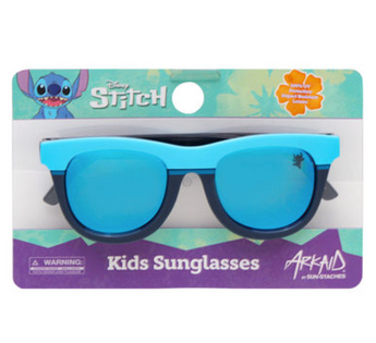 Sunstaches Arkaid Sunglasses: Stitch-themed, UV-protected, impact-resistant lenses; fun packaging. Blue to navy style for kids.