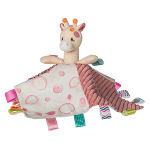 Mary Meyers Taggies Tilly Giraffe Character Blanket: a plush giraffe wrapped in pink and white with tactile ribbon tags.
