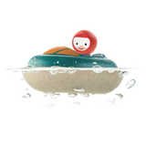 The PlanToys Wooden Speed Boat floats joyfully on water, surrounded by droplets—a sustainable toy delight.