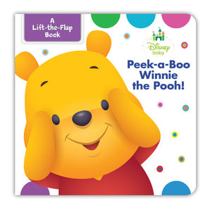 Cover of Disney Baby: Peekaboo Winnie the Pooh board book by Random House, showing playful Pooh among colorful dots.