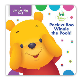 Cover of Disney Baby: Peekaboo Winnie the Pooh board book by Random House, showing playful Pooh among colorful dots.
