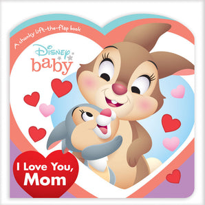 Cartoon rabbits hug with hearts in Disney Baby: I Love You, Mom board book by Random House. Ideal for Mothers Day!.