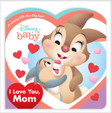 Cartoon rabbits hug with hearts in Disney Baby: I Love You, Mom board book by Random House. Ideal for Mothers Day!.