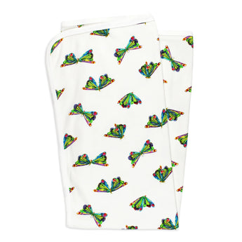 Lovedbabys Organic Blanket, Butterfly has eco-friendly dyes and repeating colorful tree frogs.