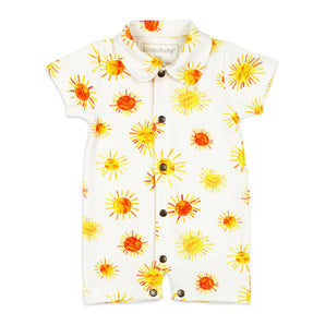 Lovedbabys Organic Short Sleeved Romper features yellow and orange suns on white. Part of the Eric Carle collection, its crafted from organic cotton.