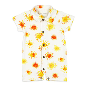 Lovedbabys Organic Short Sleeved Romper features yellow and orange suns on white. Part of the Eric Carle collection, its crafted from organic cotton.