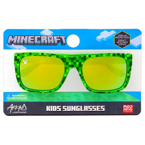Sunstaches Arkaid Sunglasses, Minecraft Green Creeper: Stylish UV protection with fun pixelated design for kids in packaging.
