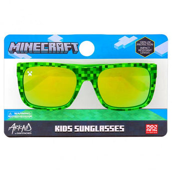 Sunstaches Arkaid Sunglasses, Minecraft Green Creeper: Stylish UV protection with fun pixelated design for kids in packaging.