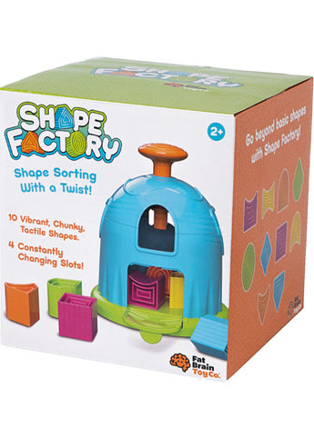 Fat Brain Toy Cos Shape Factory features a blue sorter with colorful shapes, boosting spatial skills for ages 2+.