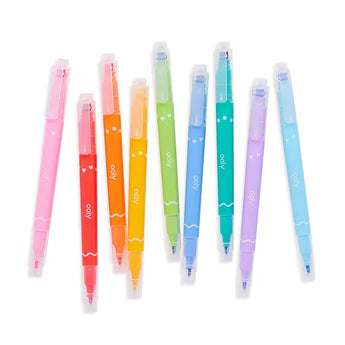 Ten Confetti Stamp Markers by OOLY: double-ended, vibrant colors including pink, red, orange, yellow, green, teal, blue, purple & lilac.